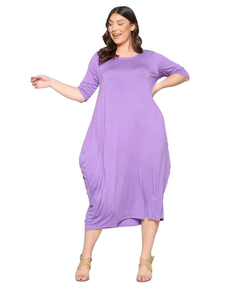 Front of a model wearing a size 3X Nevaeh Midi Dress in Lilac by L I V D. | dia_product_style_image_id:368218